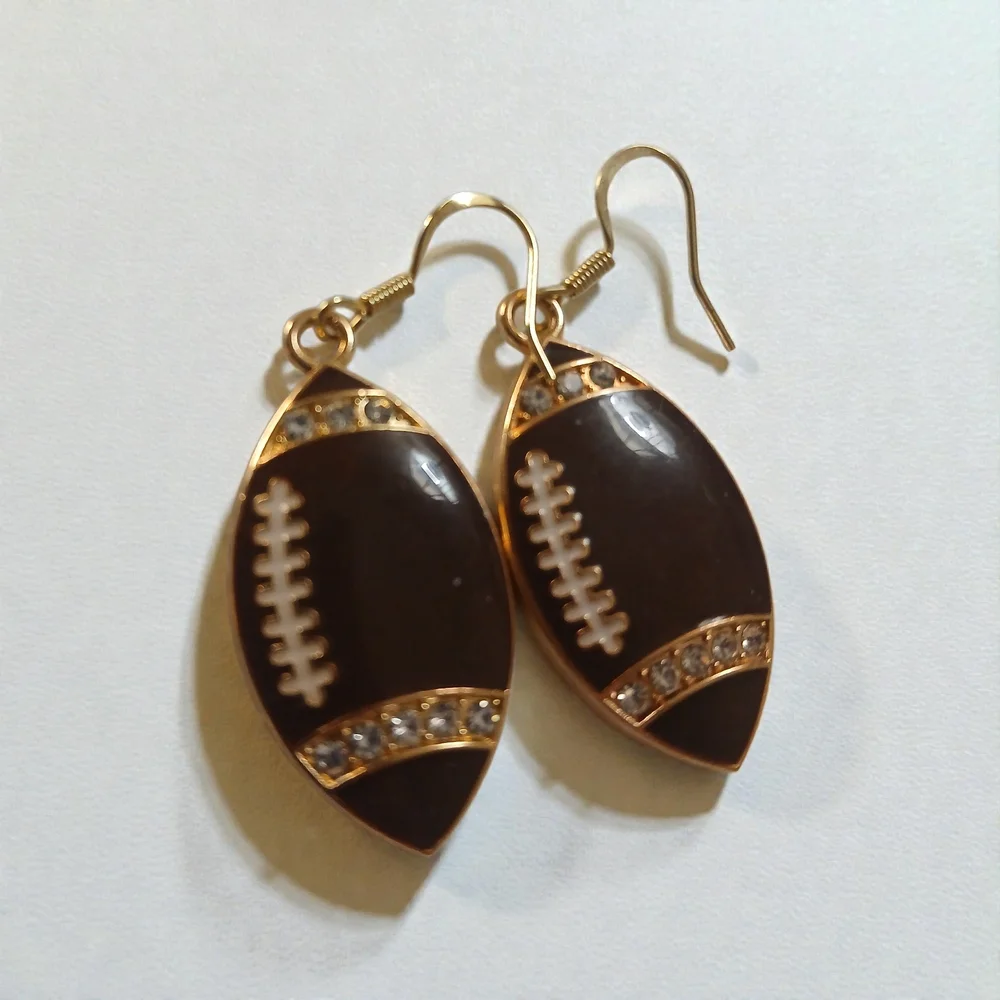 Gold and Brown Football Earrings With Crystal Stones - Picture 1 of 1